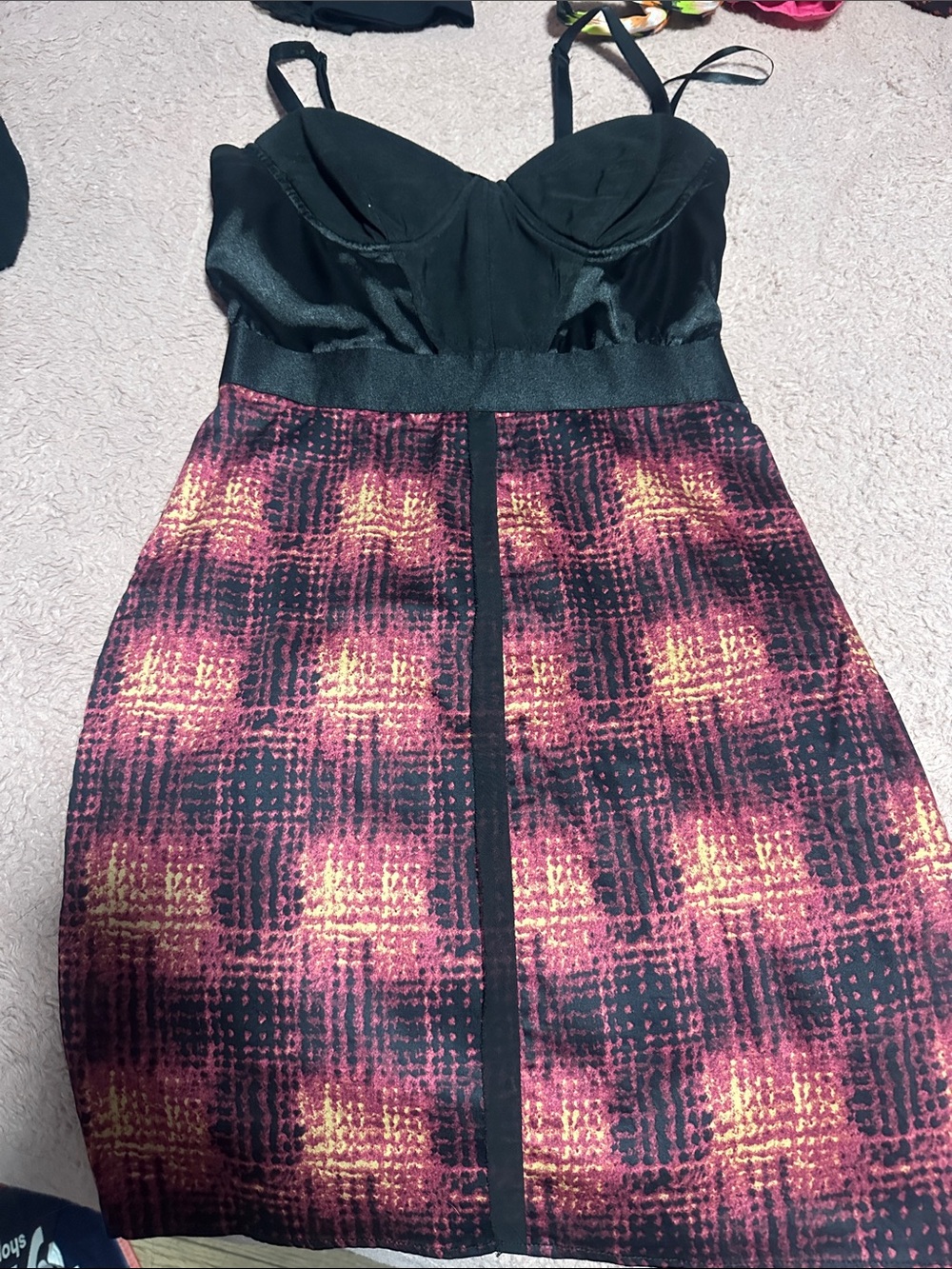 bebe Black Bustier Mini Dress with Red and Gold Plaid Skirt